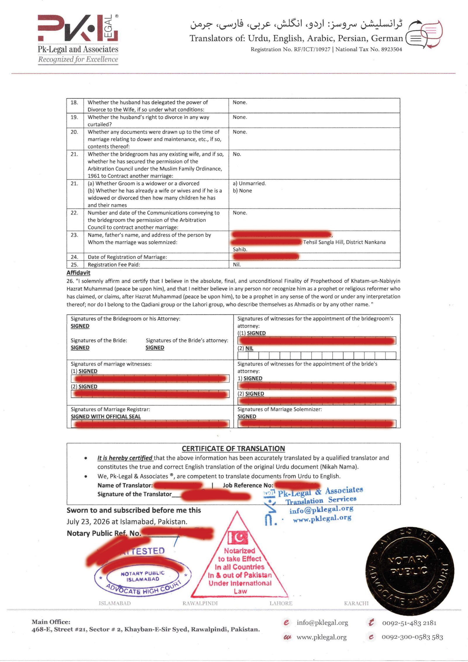 Page 2 of a sample certified Nikah Nama translation from Urdu to English