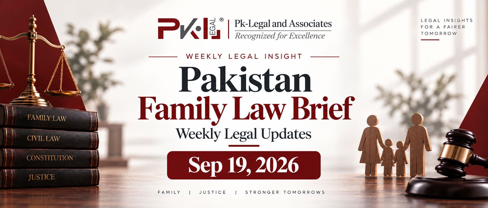 Pakistan Family Law Brief weekly legal updates by PK-Legal & Associates with courthouse, law books, scales of justice and gavel