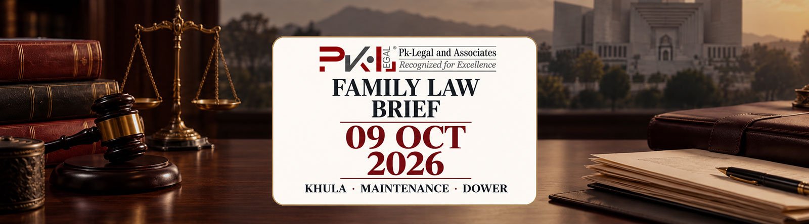 PK-Legal banner for the Pakistan Family Law Brief dated 9 October 2026, with a courthouse, legal papers and the topics khula, shiqaq, maintenance and dower.